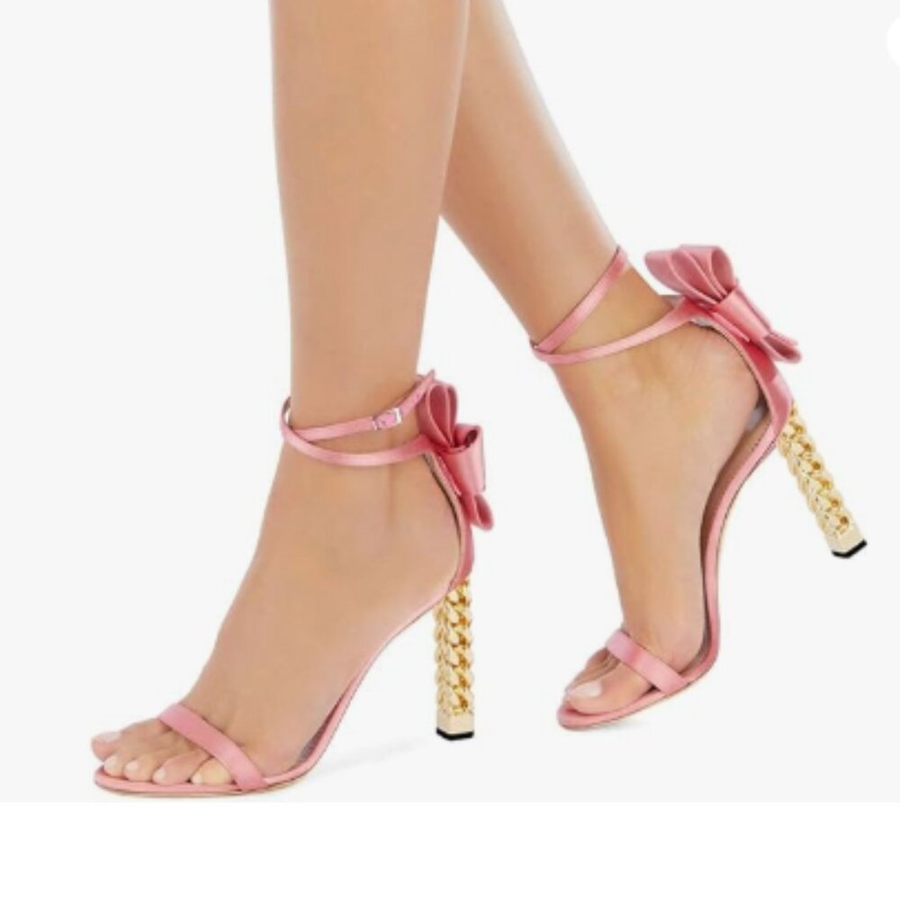 FSJ Pink Bows Gold Metal Chain Chunky High Heels Ankle Strap Open Toe Sandals